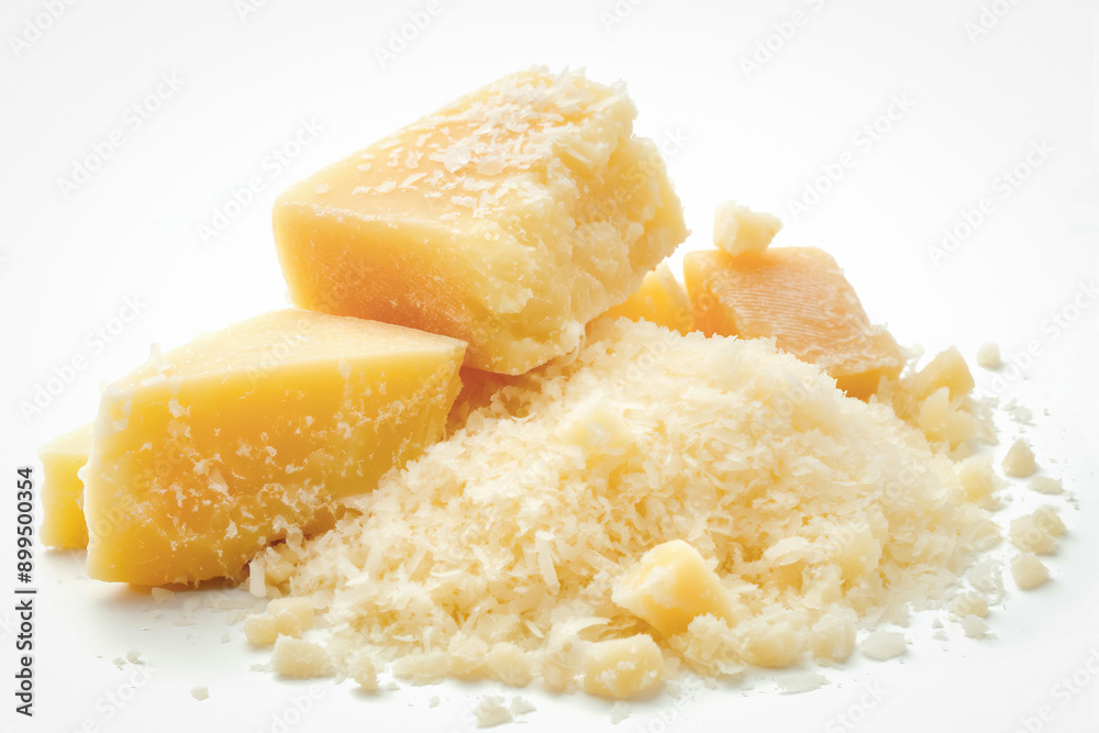 Grated parmesan cheese isolated on white - popular italian delicacy Grated parmesan cheese isolated on white - popular italian delicacy