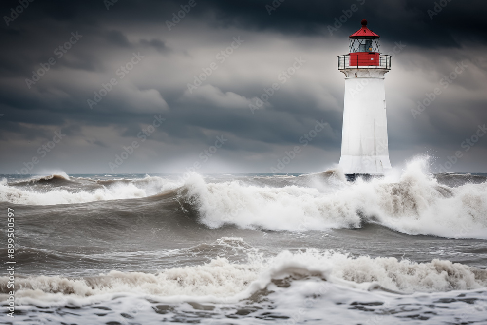 A resilient lighthouse standing tall against the menacing waves and dark clouds, its light cutting through the storm, symbolizing hope and guidance A resilient lighthouse standing tall against the menacing waves and dark clouds, its light cutting through the storm, symbolizing hope and guidance