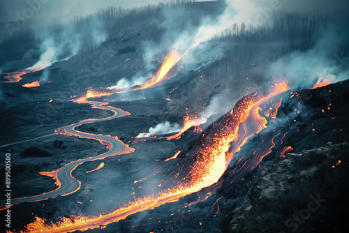 Red-hot lava flowing and en...