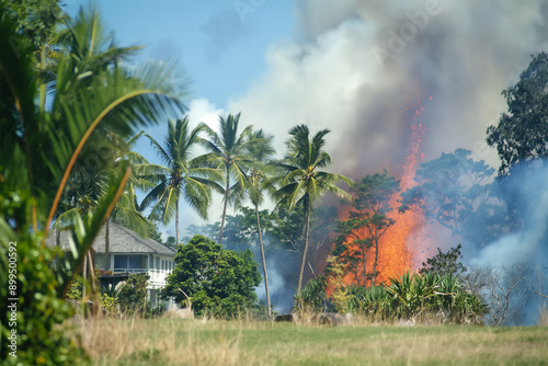 Red-hot lava flowing and en...