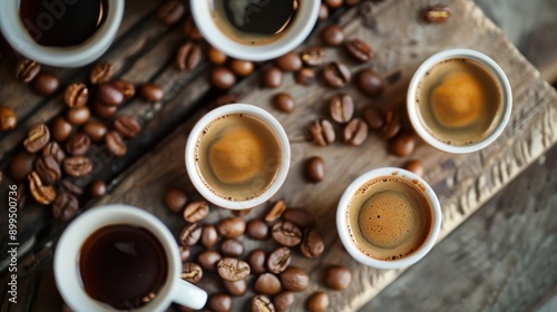 Variety of coffee cups and beans on a rustic table photo
