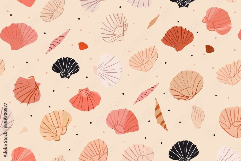Fototapeta Top-down view of an assortment of stylized sea shells in a harmonious color palette. Beautiful simple AI generated image in 4K, unique.