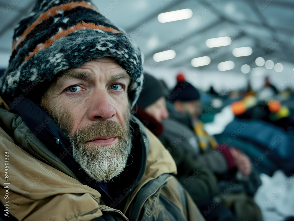 Families and individuals taking refuge in an emergency shelter, surrounded by cots, blankets, and essential supplies, with volunteers assisting them and providing support