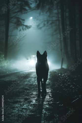 dog stands silhouetted against the bright headlights of a car on a dark road at night, creating a dramatic atmosphere