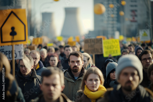 Groups of people protesting against nuclear energy, holding signs and banners, with slogans expressing concern and opposition to the dangers of nuclear power plants