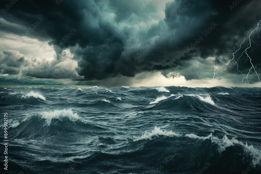 Dark, ominous storm clouds gathering over the ocean horizon, with lightning striking in the distance, conveying the impending threat and dramatic atmosphere of the storm Dark, ominous storm clouds gathering over the ocean horizon, with lightning striking in the distance, conveying the impending threat and dramatic atmosphere of the storm