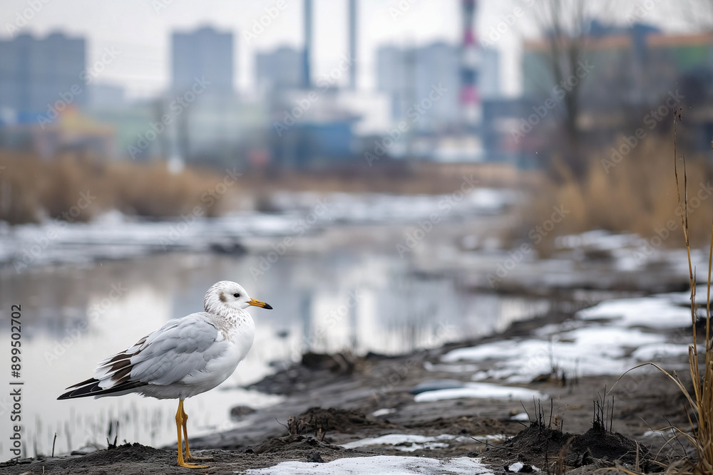 Obraz premium Wildlife affected by chemical pollution: Animals and birds in a polluted environment, showing visible signs of distress or injury due to chemical exposure, with a visibly contaminated habitat