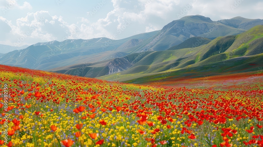 A field of bright red and yellow flowers stretching across a serene mountain landscape