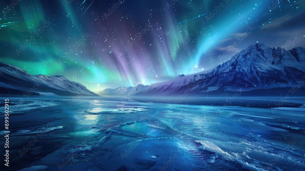 Aurora borealis glowing green and purple over a frozen lake