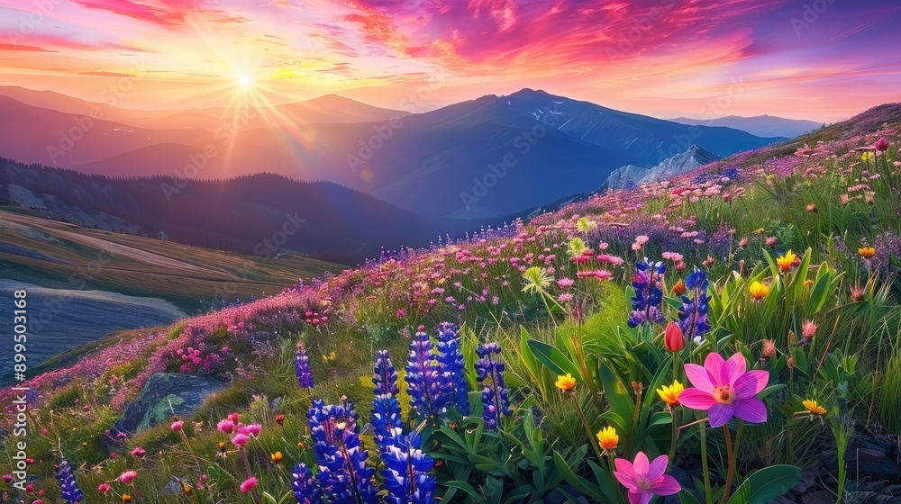 Obraz premium Colorful array of wildflowers cascading down a mountain slope at sunset