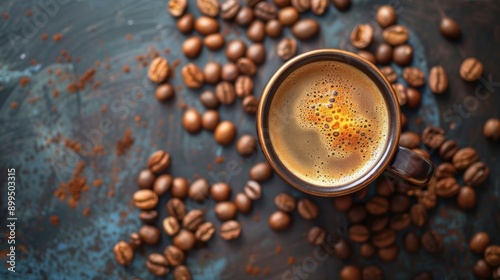 Cup of freshly brewed coffee with beans photo