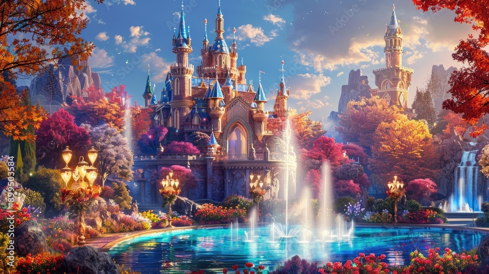Fototapeta premium Fairy tale castle surrounded by colorful, blooming gardens and sparkling fountains