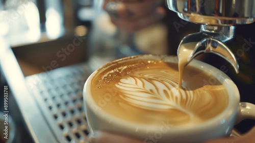 Cappuccino latte with cream in a glass, featuring a hot coffee drink with foam