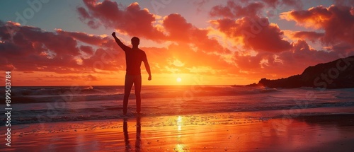 A silhouette of a person standing on the beach, raising one hand against a vibrant sunset sky with clouds and reflections on the water.