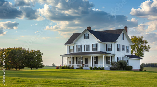 Charming White Farmhouse Surrounded by Lush Green Lawn Under a Blue Sky With Fluffy Clouds in Late Afternoon