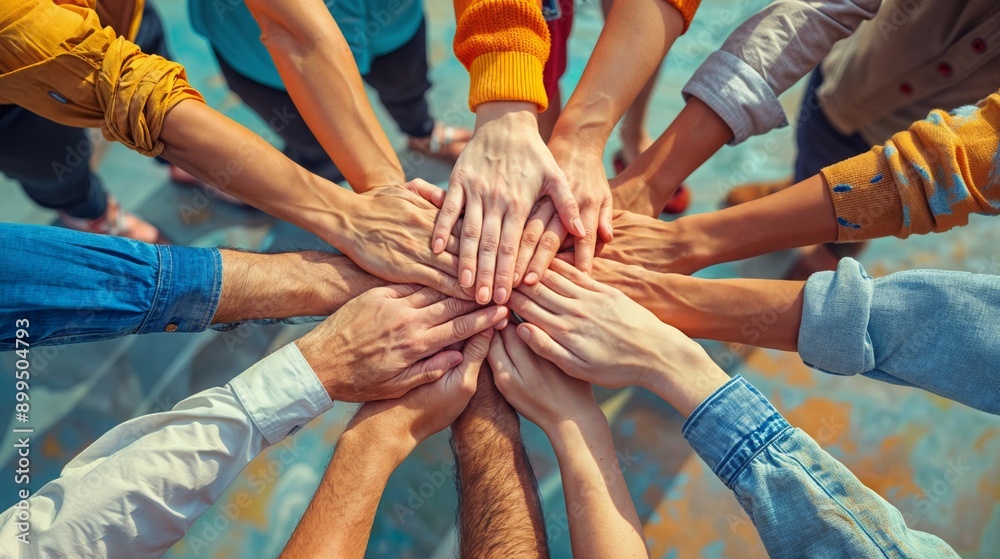 Obraz premium A group of people place their hands in the center of the circle, one on top of the other. This is a gesture of cooperation or unity. 