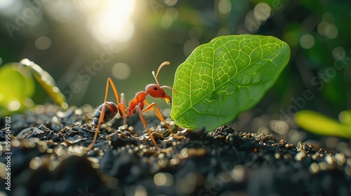 Red Ant Carrying a Large Green Leaf in a Forest