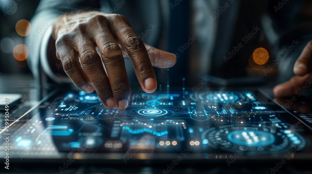 a man's hand interacting with a futuristic interface on a tablet screen. a man's hand interacting with a futuristic interface on a tablet screen.