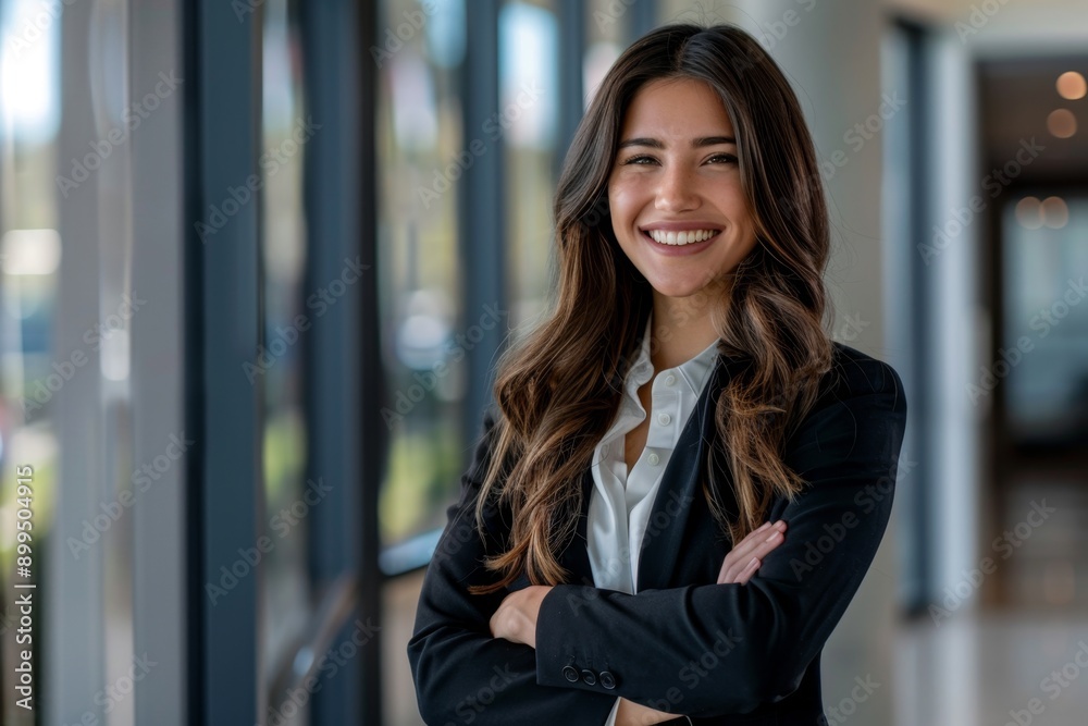 Confident businesswoman standing in an office hallway. Professional attire for a corporate setting. Concept of successful women in business and leadership. Generative AI Confident businesswoman standing in an office hallway. Professional attire for a corporate setting. Concept of successful women in business and leadership. Generative AI