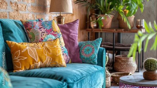 Colorful pillows on a cozy sofa in a living room photo