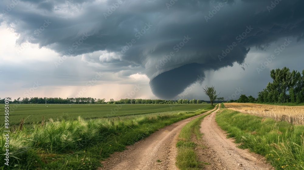 Tornado touching down in a rural area, intensified by changing climate patterns Tornado touching down in a rural area, intensified by changing climate patterns