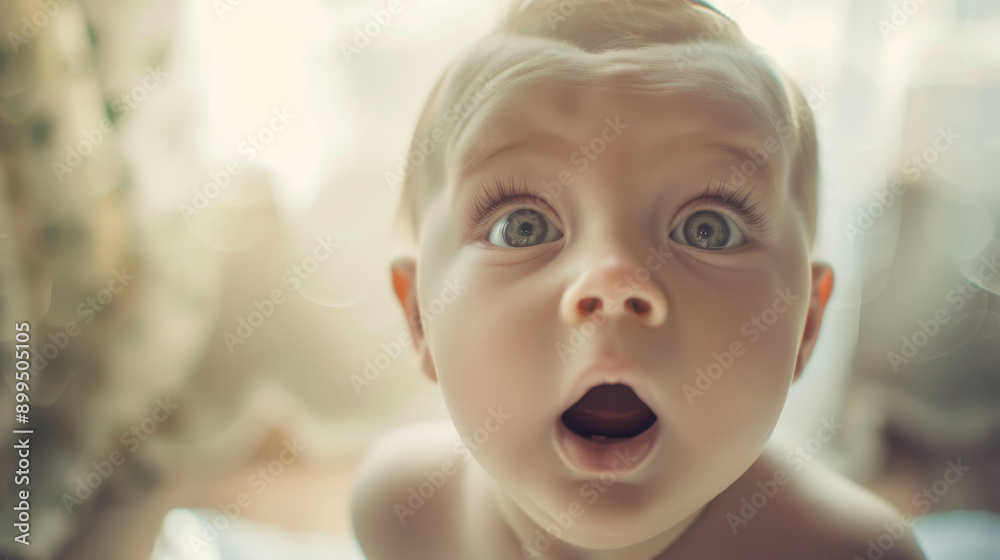 A baby's surprised expression, with wide eyes and an open mouth, illuminated by soft, natural light in a cozy setting. A baby's surprised expression, with wide eyes and an open mouth, illuminated by soft, natural light in a cozy setting.