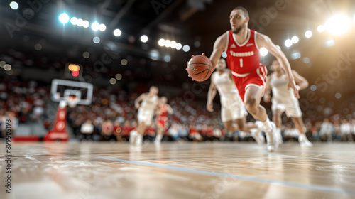 Basketball player dribbling in intense game action