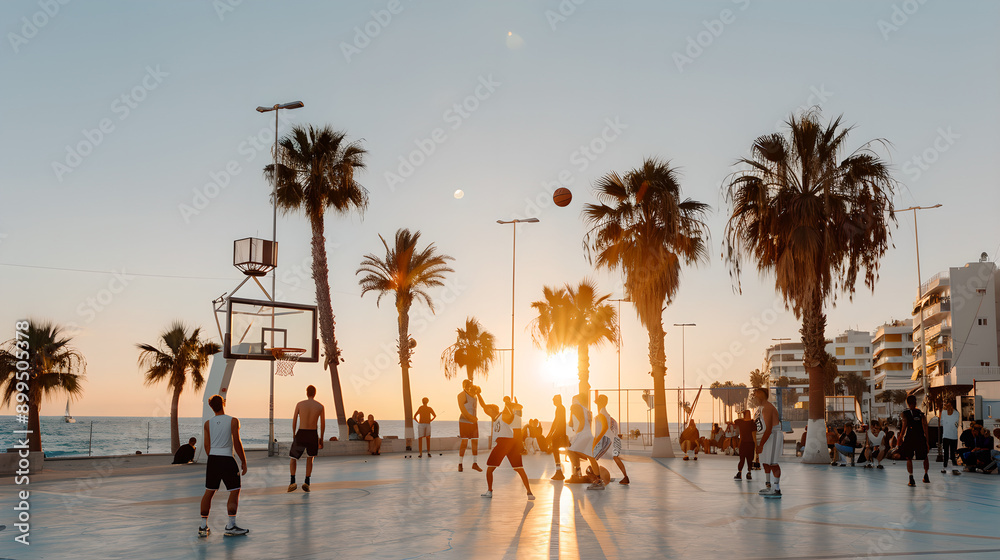 Obraz premium Sunset Basketball Game on Coastal Promenade
