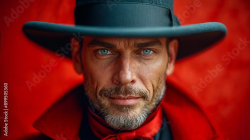 Portrait of a man with a beard, wearing a red coat and black hat. On a red background.