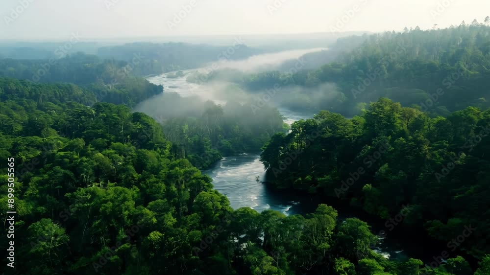 A lush green forest with a river running through it. The sky is overcast and the trees are covered in mist