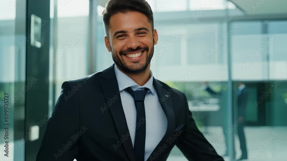 A man in a suit is standing in front of a door. He is looking out the window A man in a suit is standing in front of a door. He is looking out the window