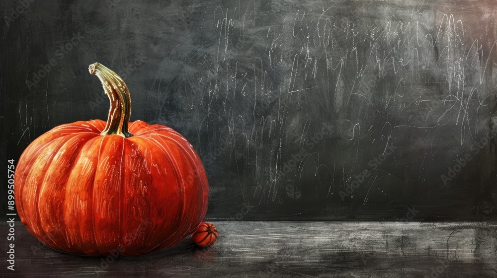 A bright chalked drawing of a pumpkin for Halloween on a blackboard background. The concept of Halloween celebration and creativity.