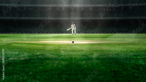 Cricket Player on Illuminated Pitch at Night