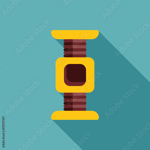 Yellow cat scratching post with hanging ball for playing standing on a blue background