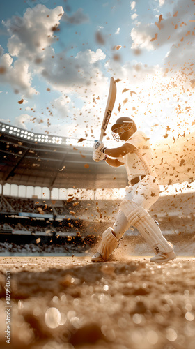 Dramatic Cricket Batsman Action in Sunlit Stadium