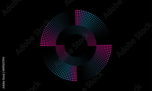 Abstract circle line pattern spin blue pink dots light isolated on black background in the concept of music, technology, digital	