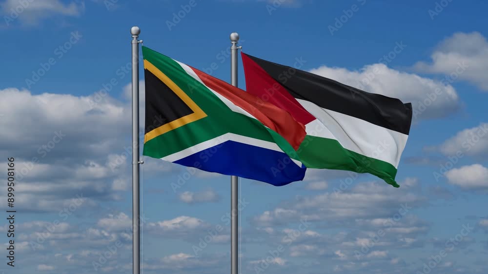 Palestine and Gaza Strip and South Africa two flags waving together on blue , video concept of the relationship Palestine and Gaza Strip and South Africa two flags waving together on blue , video concept of the relationship