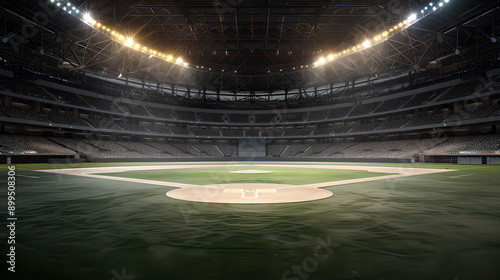 Illuminated Baseball Stadium with Empty Field at Night photo