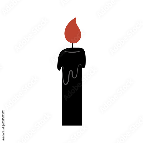 Black candle. Wax or paraffin candle in a flat style. Aromatherapy and festive icon. Black candle with fire on wick for witchcraft and magic spells.