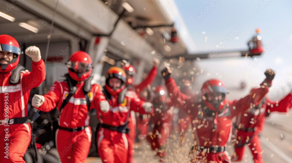 Obraz premium Pit Crew Celebrating Victory in Motorsport Race