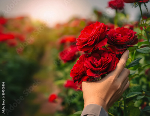 Red rose trees on plantation. close up hand selected The best Red rose are still fresh