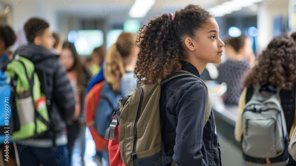Groups of male and female high school students line up in an orderly fashion to receive their lunch at the school cafeteria. Groups of male and female high school students line up in an orderly fashion to receive their lunch at the school cafeteria.