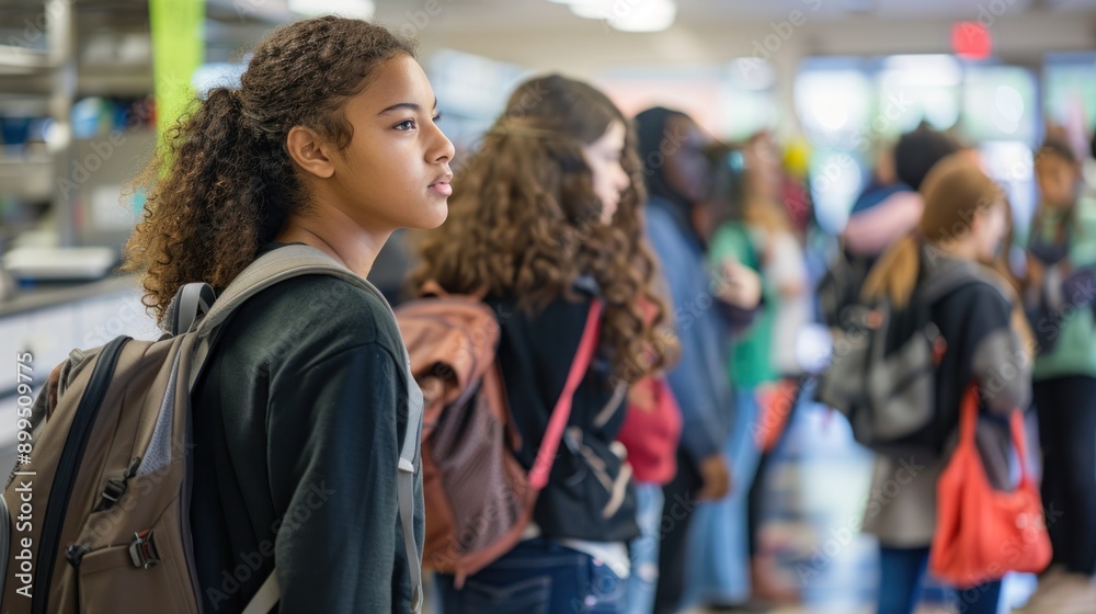 Groups of male and female high school students line up in an orderly fashion to receive their lunch at the school cafeteria. Groups of male and female high school students line up in an orderly fashion to receive their lunch at the school cafeteria.