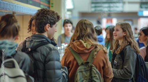 Groups of male and female high school students line up in an orderly fashion to receive their lunch at the school cafeteria.