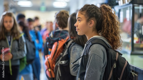 Groups of male and female high school students line up in an orderly fashion to receive their lunch at the school cafeteria.