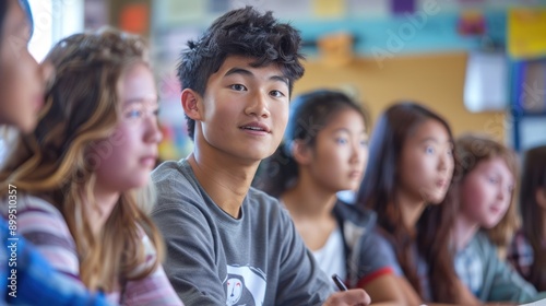 Asian male high school student presenting his ideas and work in class to his classmates and teacher in the classroom.