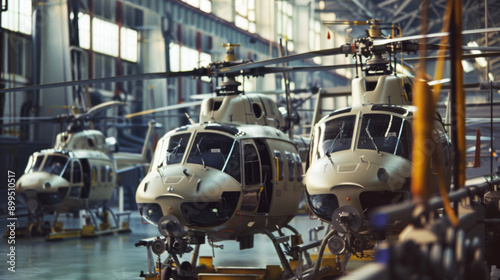 A row of military helicopters neatly organized inside a vast, well-lit hangar, showcasing a sense of precision and readiness.