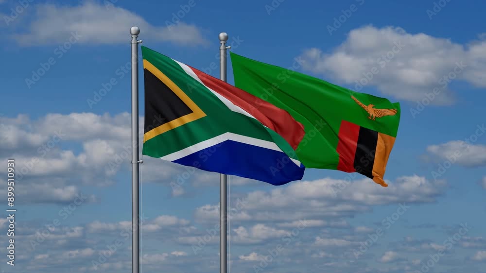 Zambia and South Africa flags flying together, video concept of the relationship, two country cooperation concept Zambia and South Africa flags flying together, video concept of the relationship, two country cooperation concept