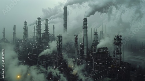 Gritty Industrial Factory Landscape with Smoking Chimneys and Steel Structures