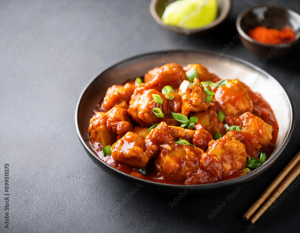 Chicken tikka masala in sweet and sour sauce. Asian food with copy space. Indian Chinese Gobi Manchurian Dish Chicken tikka masala in sweet and sour sauce. Asian food with copy space. Indian Chinese Gobi Manchurian Dish